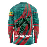 Grenada Sea Turtle Long Sleeve Shirt with Red Wave Stripes and Ocean Water Background - Wonder Print Shop