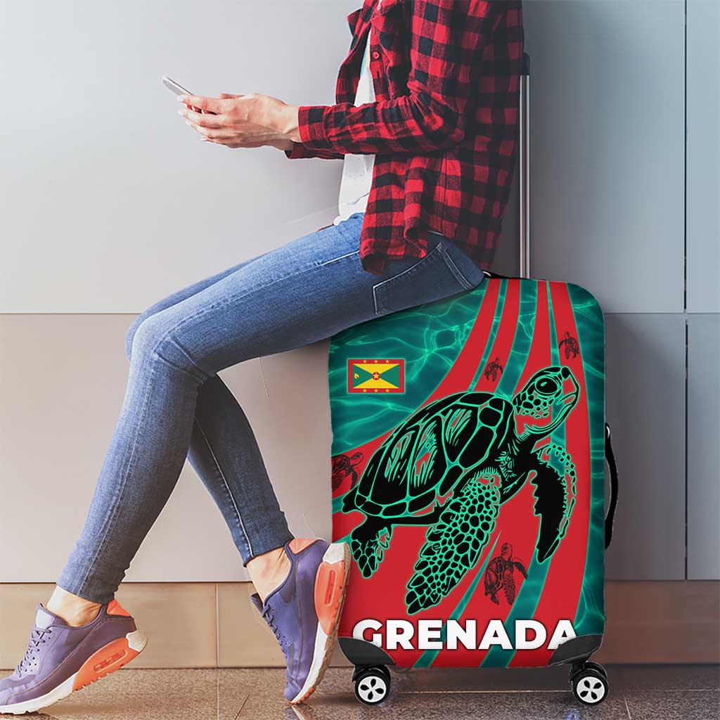 Grenada Sea Turtle Luggage Cover with Red Wave Stripes and Ocean Water Background - Wonder Print Shop