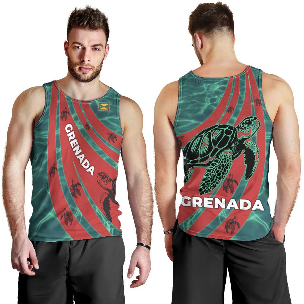 Grenada Sea Turtle Men Tank Top with Red Wave Stripes and Ocean Water Background - Wonder Print Shop