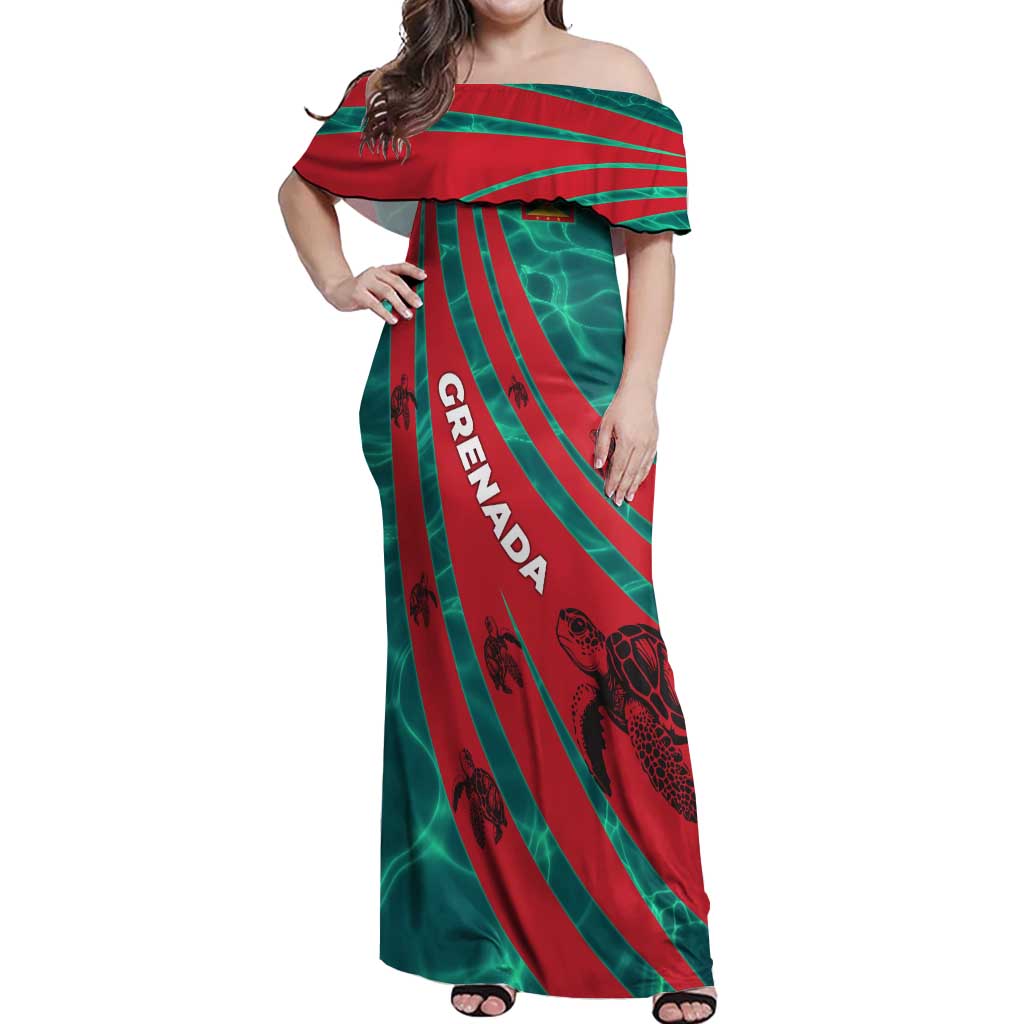 Grenada Sea Turtle Off Shoulder Maxi Dress with Red Wave Stripes and Ocean Water Background - Wonder Print Shop