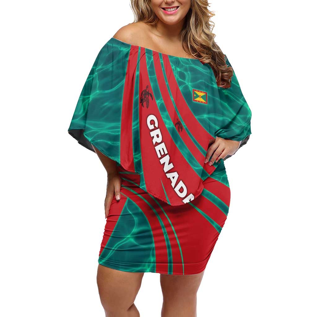 Grenada Sea Turtle Off Shoulder Short Dress with Red Wave Stripes and Ocean Water Background - Wonder Print Shop