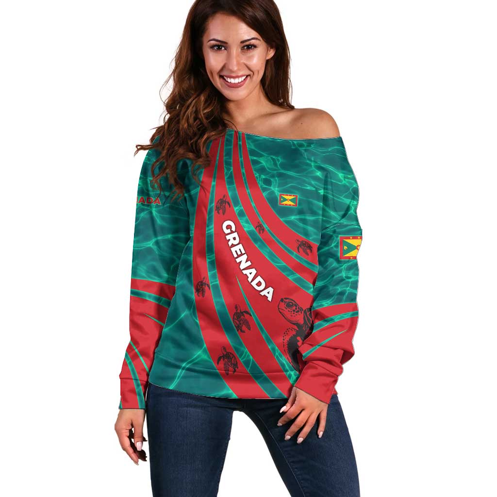 Grenada Sea Turtle Off Shoulder Sweater with Red Wave Stripes and Ocean Water Background - Wonder Print Shop