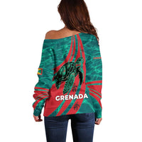 Grenada Sea Turtle Off Shoulder Sweater with Red Wave Stripes and Ocean Water Background - Wonder Print Shop