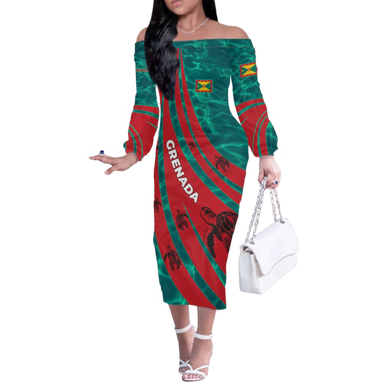 Grenada Sea Turtle Off The Shoulder Long Sleeve Dress with Red Wave Stripes and Ocean Water Background - Wonder Print Shop