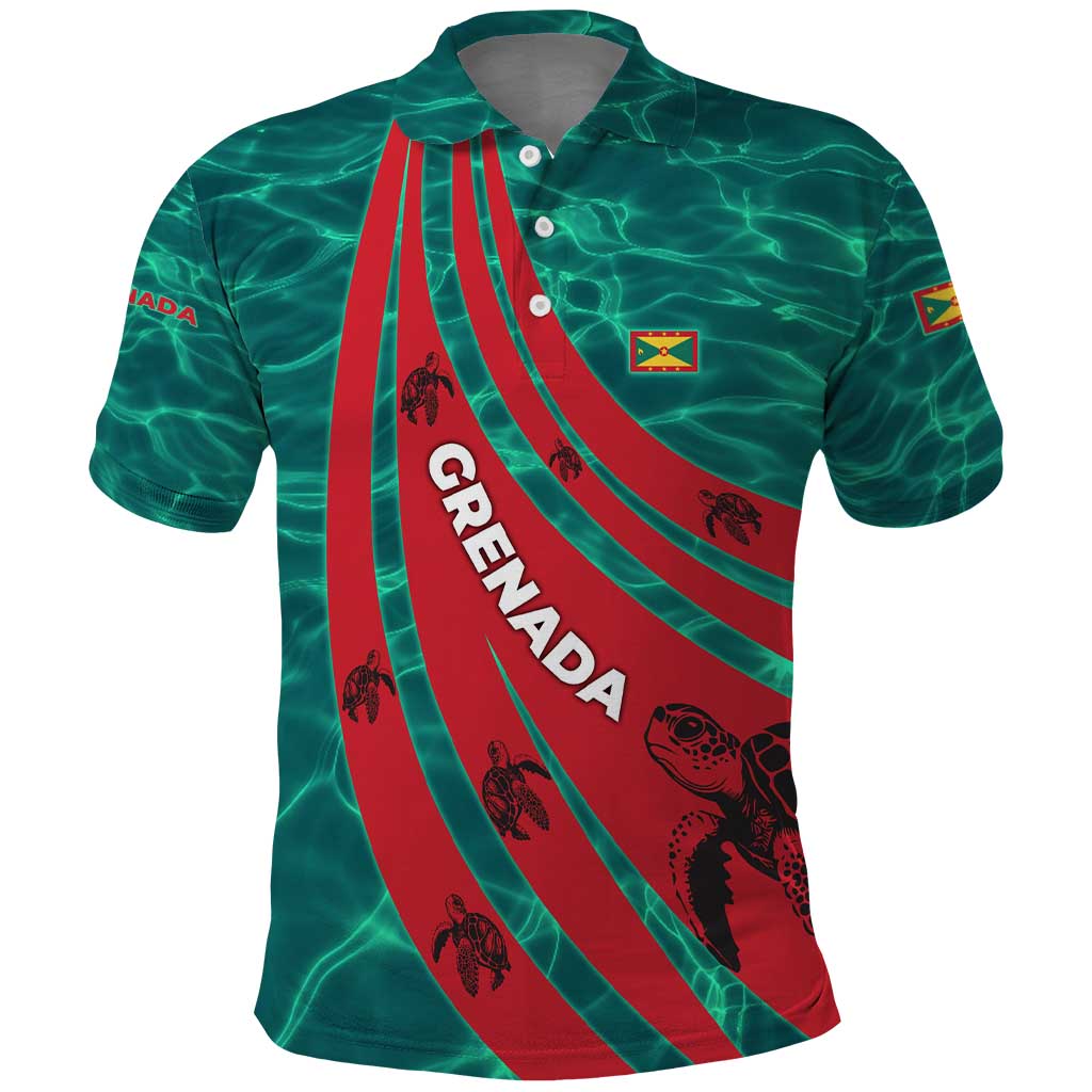 Grenada Sea Turtle Polo Shirt with Red Wave Stripes and Ocean Water Background - Wonder Print Shop