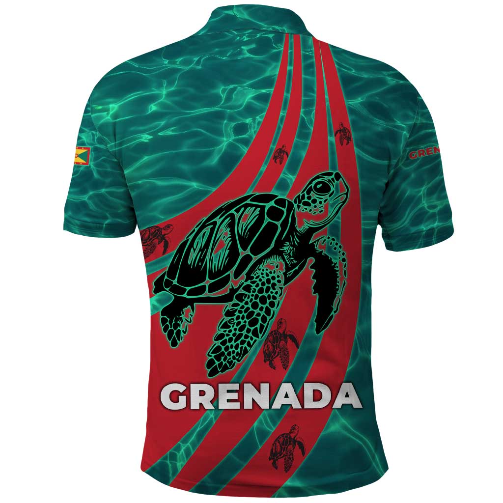 Grenada Sea Turtle Polo Shirt with Red Wave Stripes and Ocean Water Background - Wonder Print Shop