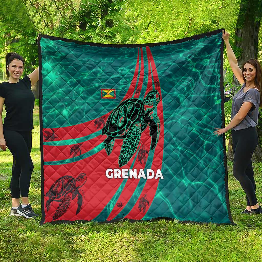 Grenada Sea Turtle Quilt with Red Wave Stripes and Ocean Water Background - Wonder Print Shop