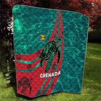 Grenada Sea Turtle Quilt with Red Wave Stripes and Ocean Water Background - Wonder Print Shop