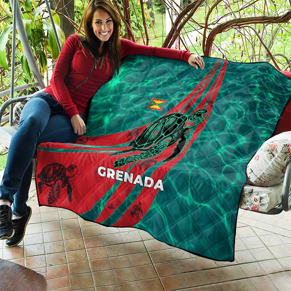 Grenada Sea Turtle Quilt with Red Wave Stripes and Ocean Water Background - Wonder Print Shop