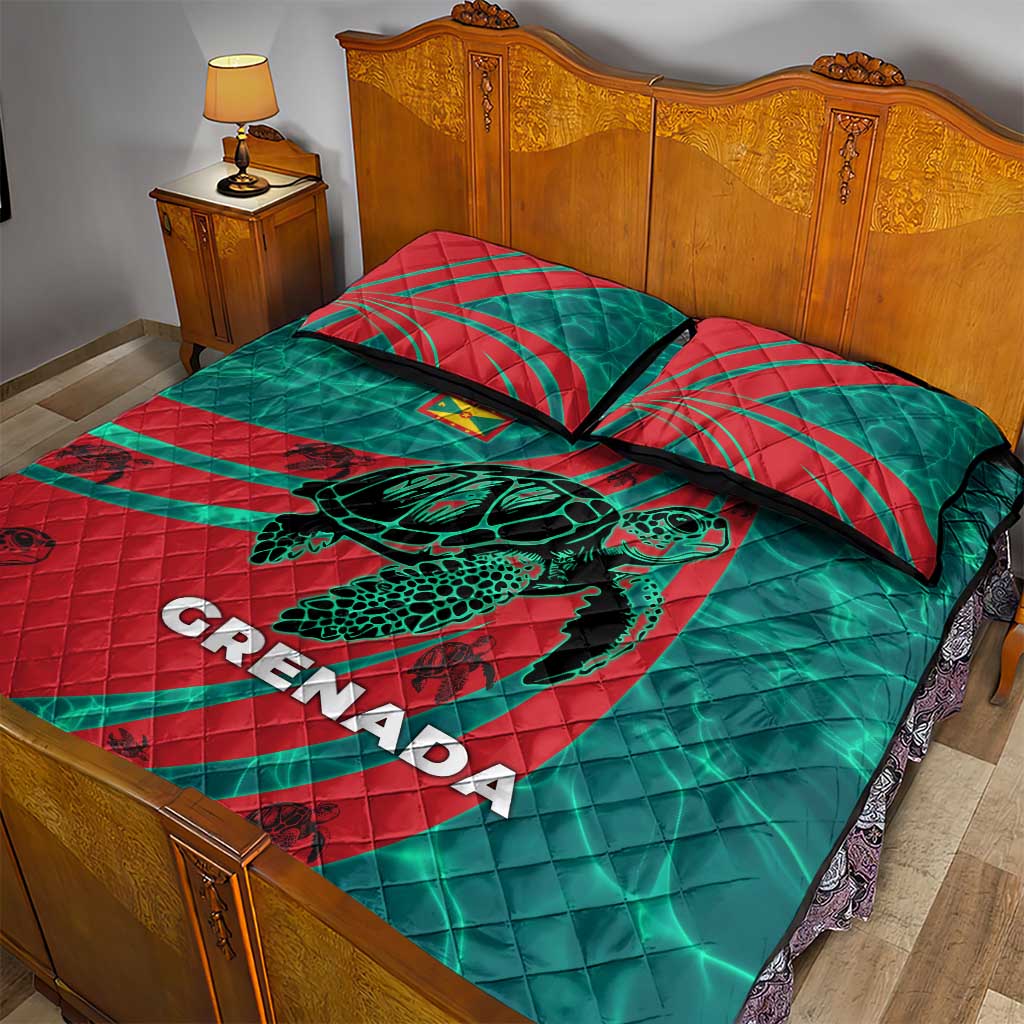 Grenada Sea Turtle Quilt Bed Set with Red Wave Stripes and Ocean Water Background - Wonder Print Shop