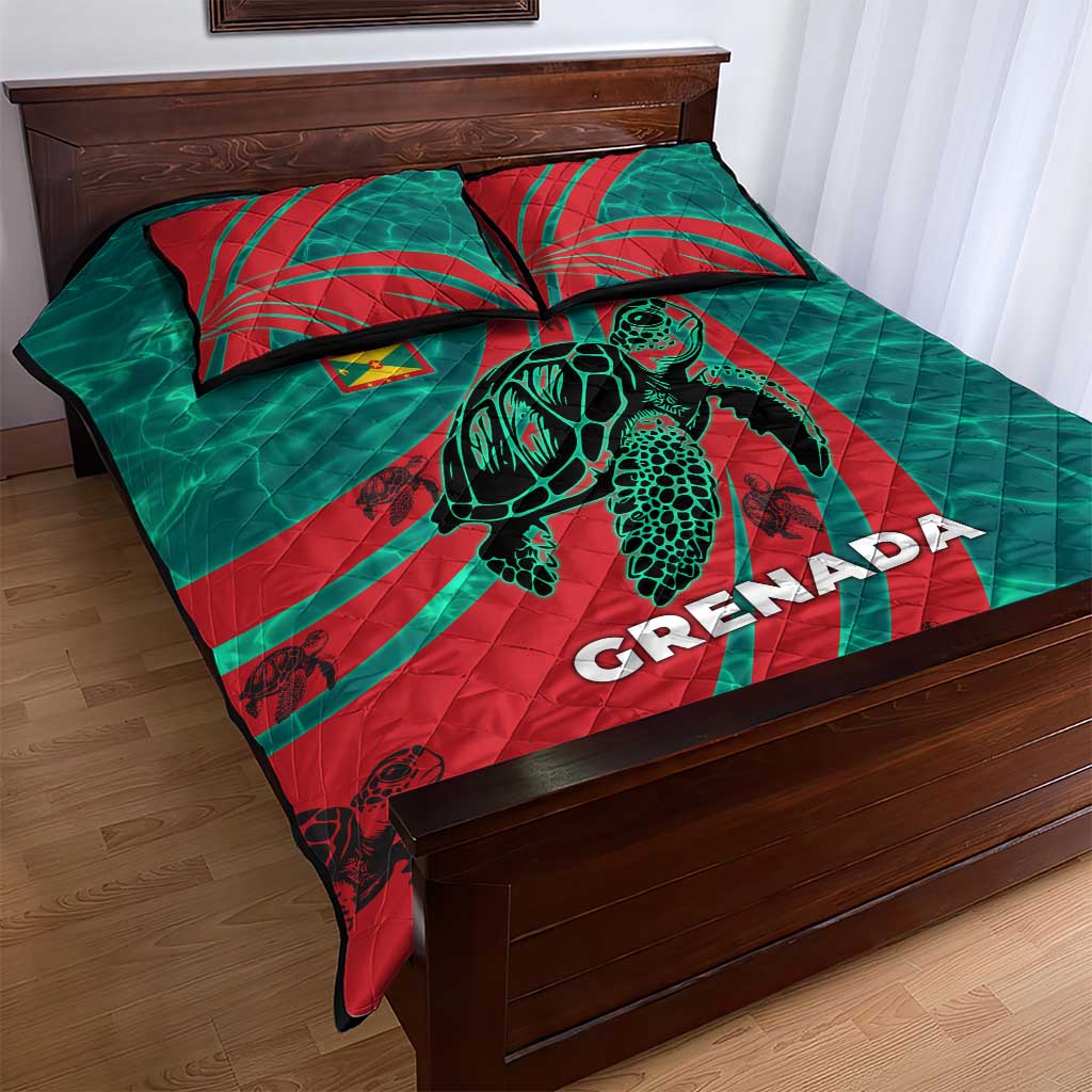 Grenada Sea Turtle Quilt Bed Set with Red Wave Stripes and Ocean Water Background - Wonder Print Shop