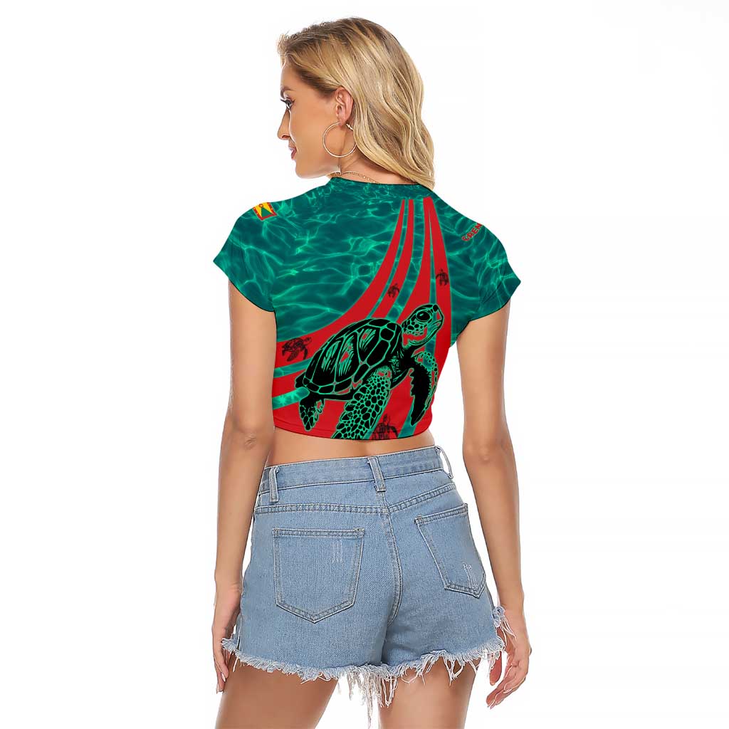 Grenada Sea Turtle Raglan Cropped T Shirt with Red Wave Stripes and Ocean Water Background - Wonder Print Shop