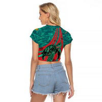 Grenada Sea Turtle Raglan Cropped T Shirt with Red Wave Stripes and Ocean Water Background - Wonder Print Shop