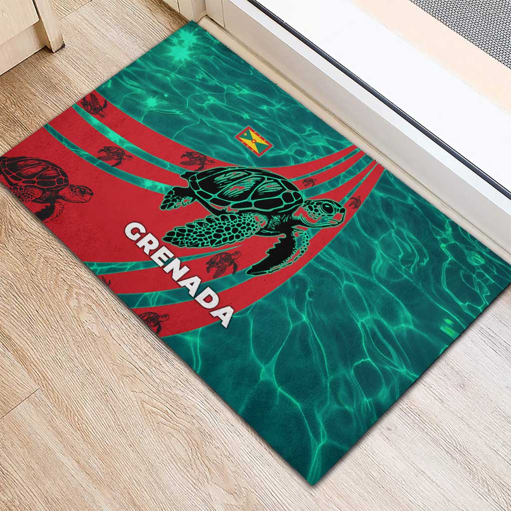 Grenada Sea Turtle Rubber Doormat with Red Wave Stripes and Ocean Water Background - Wonder Print Shop