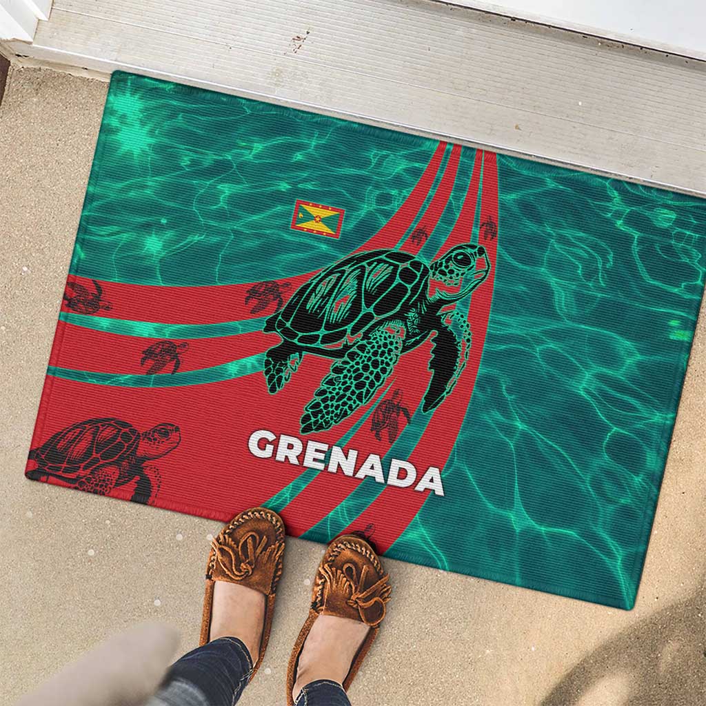 Grenada Sea Turtle Rubber Doormat with Red Wave Stripes and Ocean Water Background - Wonder Print Shop