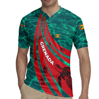 Grenada Sea Turtle Rugby Jersey with Red Wave Stripes and Ocean Water Background - Wonder Print Shop