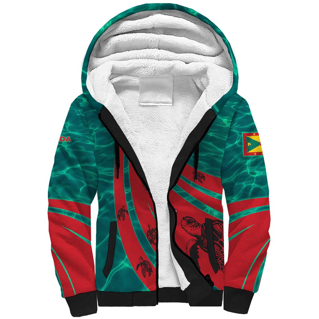 Grenada Sea Turtle Sherpa Hoodie with Red Wave Stripes and Ocean Water Background - Wonder Print Shop