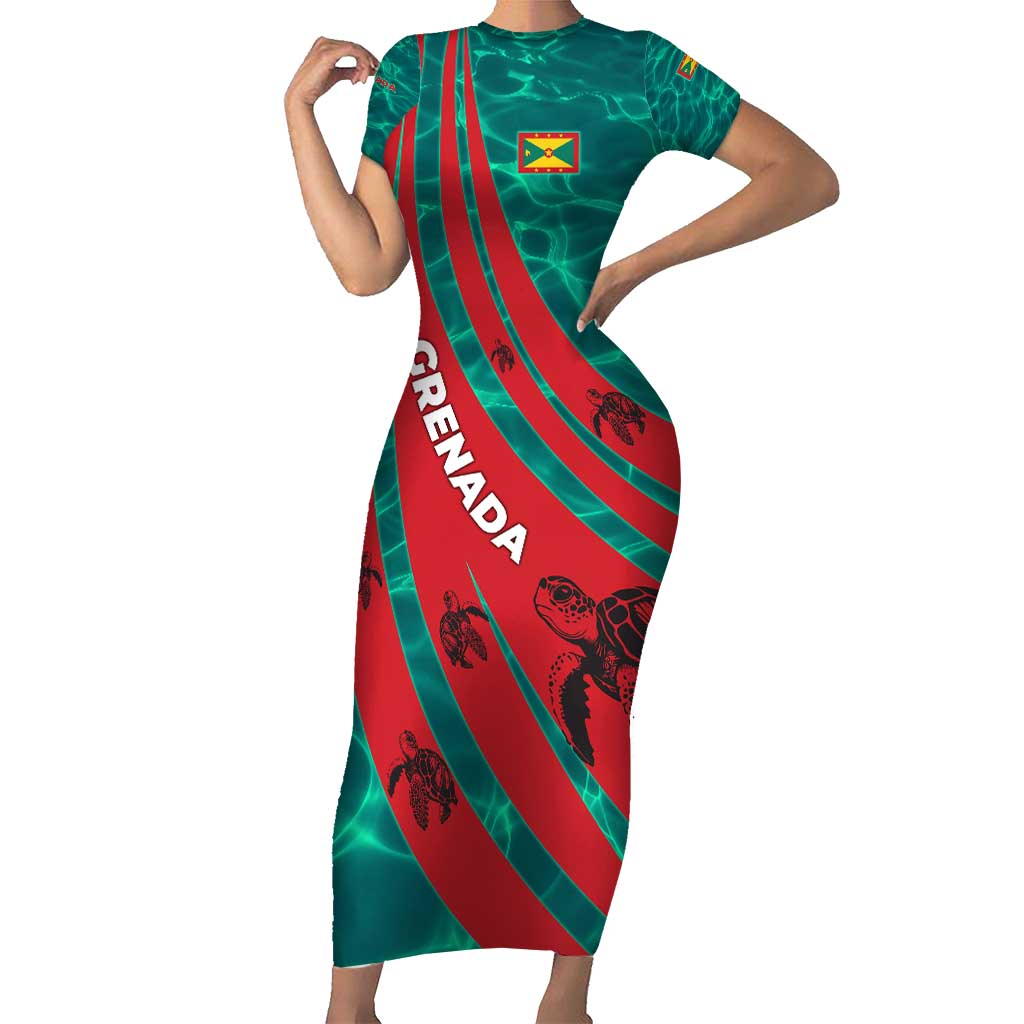Grenada Sea Turtle Short Sleeve Bodycon Dress with Red Wave Stripes and Ocean Water Background - Wonder Print Shop