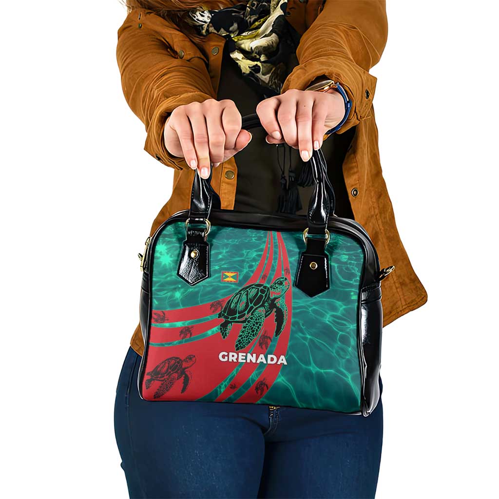Grenada Sea Turtle Shoulder Handbag with Red Wave Stripes and Ocean Water Background - Wonder Print Shop