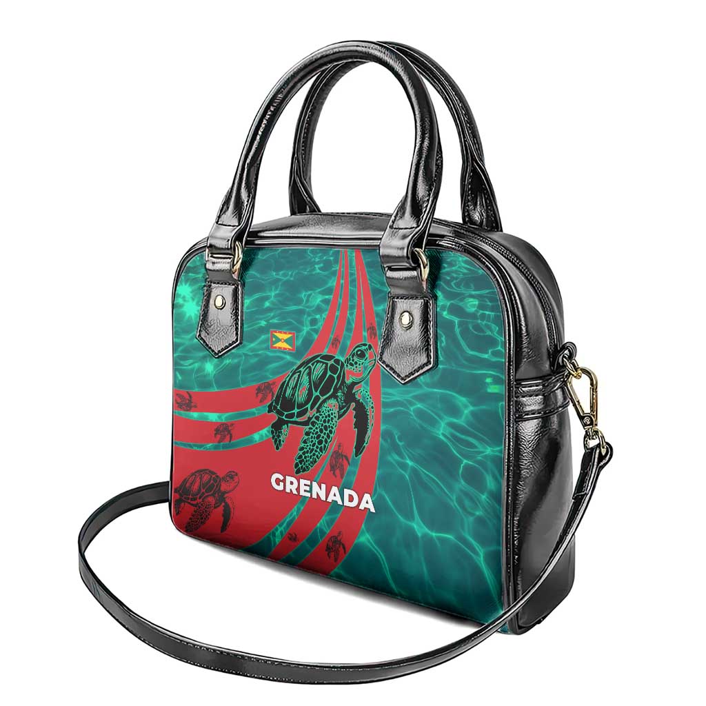Grenada Sea Turtle Shoulder Handbag with Red Wave Stripes and Ocean Water Background - Wonder Print Shop