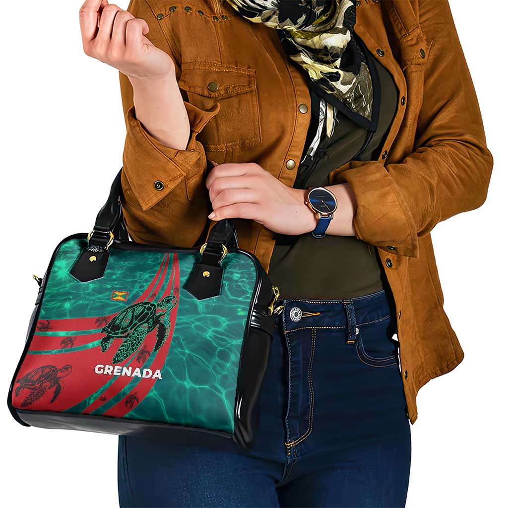 Grenada Sea Turtle Shoulder Handbag with Red Wave Stripes and Ocean Water Background - Wonder Print Shop