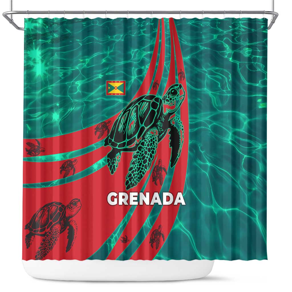Grenada Sea Turtle Shower Curtain with Red Wave Stripes and Ocean Water Background - Wonder Print Shop