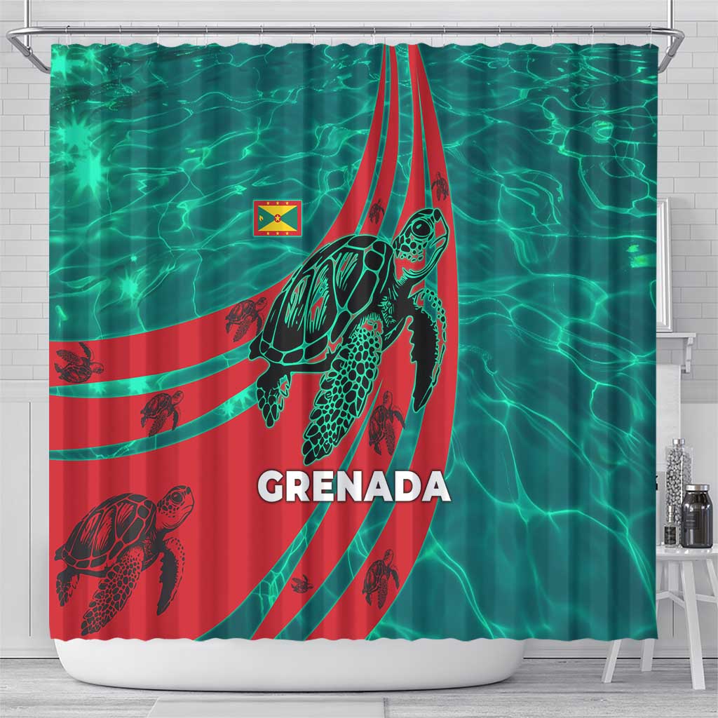 Grenada Sea Turtle Shower Curtain with Red Wave Stripes and Ocean Water Background - Wonder Print Shop