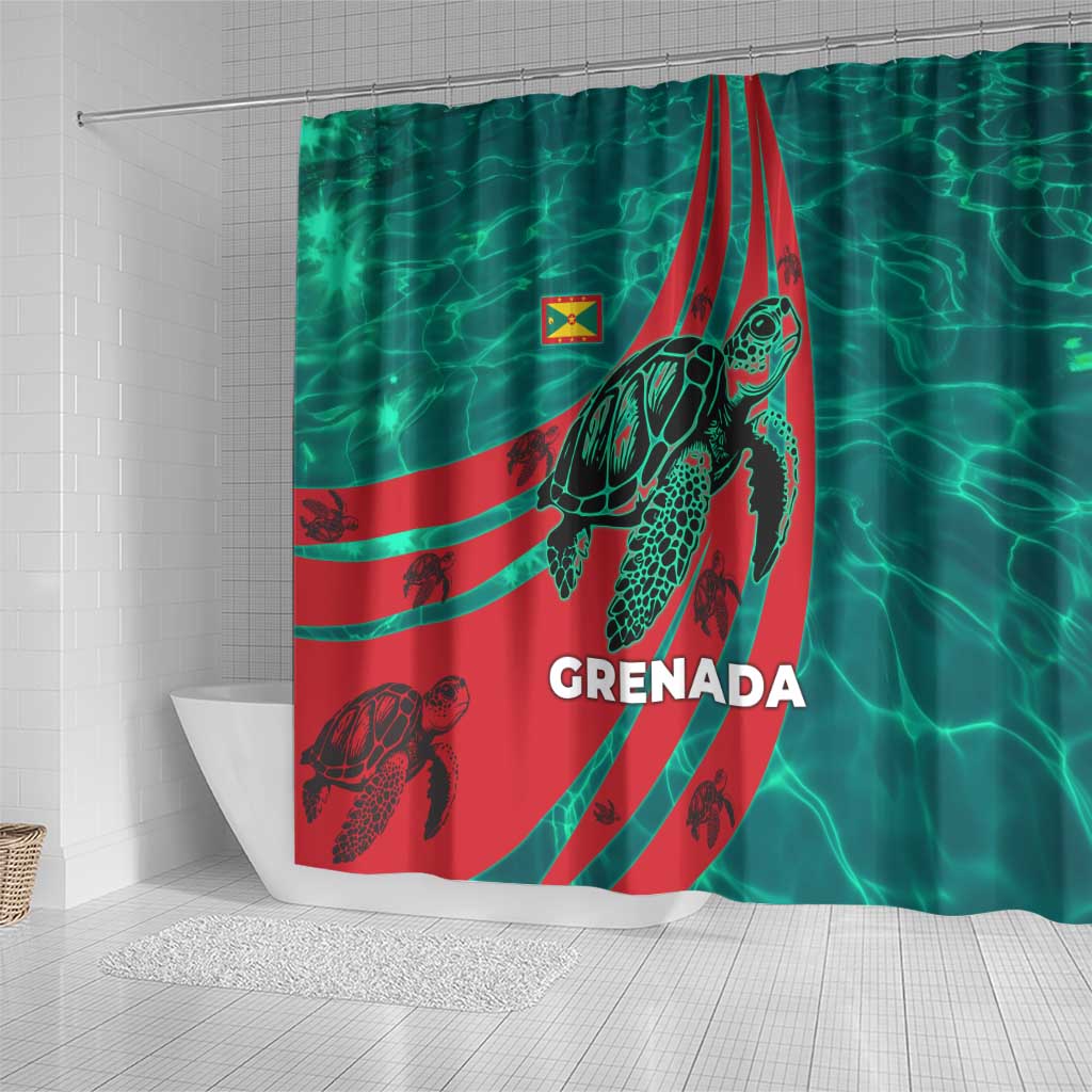 Grenada Sea Turtle Shower Curtain with Red Wave Stripes and Ocean Water Background - Wonder Print Shop