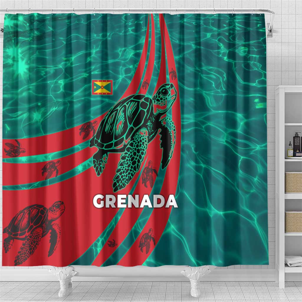 Grenada Sea Turtle Shower Curtain with Red Wave Stripes and Ocean Water Background - Wonder Print Shop