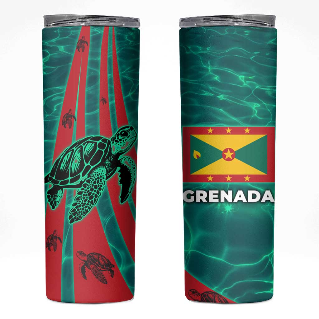 Grenada Sea Turtle Skinny Tumbler with Red Wave Stripes and Ocean Water Background - Wonder Print Shop