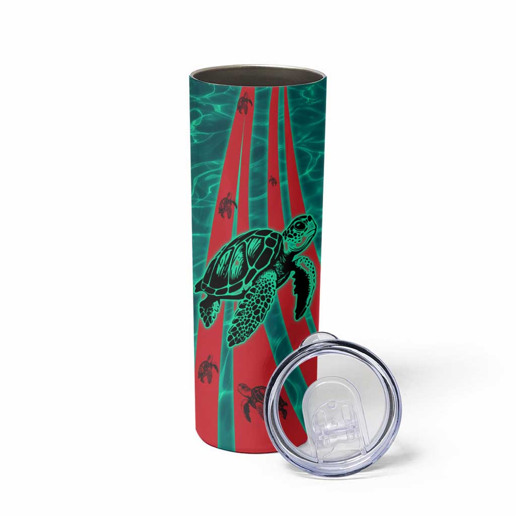Grenada Sea Turtle Skinny Tumbler with Red Wave Stripes and Ocean Water Background - Wonder Print Shop