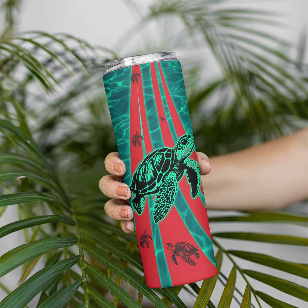 Grenada Sea Turtle Skinny Tumbler with Red Wave Stripes and Ocean Water Background - Wonder Print Shop