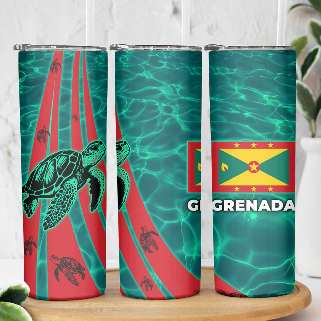 Grenada Sea Turtle Skinny Tumbler with Red Wave Stripes and Ocean Water Background - Wonder Print Shop