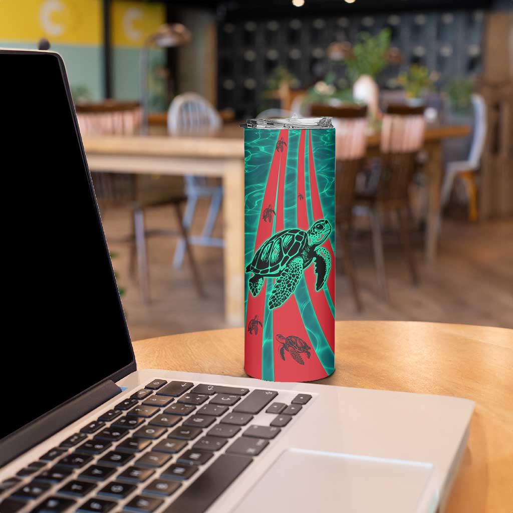 Grenada Sea Turtle Skinny Tumbler with Red Wave Stripes and Ocean Water Background - Wonder Print Shop