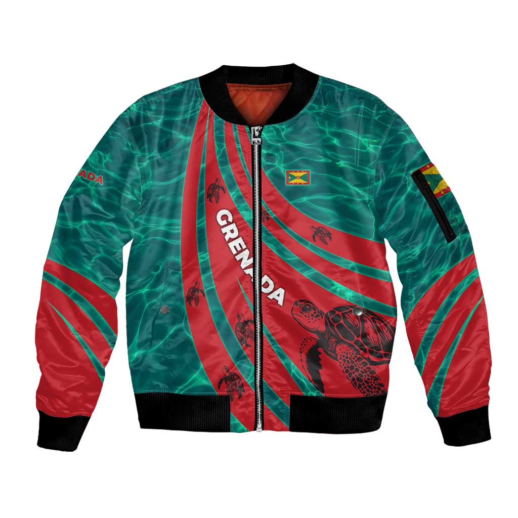 Grenada Sea Turtle Sleeve Zip Bomber Jacket with Red Wave Stripes and Ocean Water Background - Wonder Print Shop