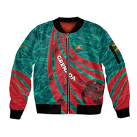 Grenada Sea Turtle Sleeve Zip Bomber Jacket with Red Wave Stripes and Ocean Water Background - Wonder Print Shop