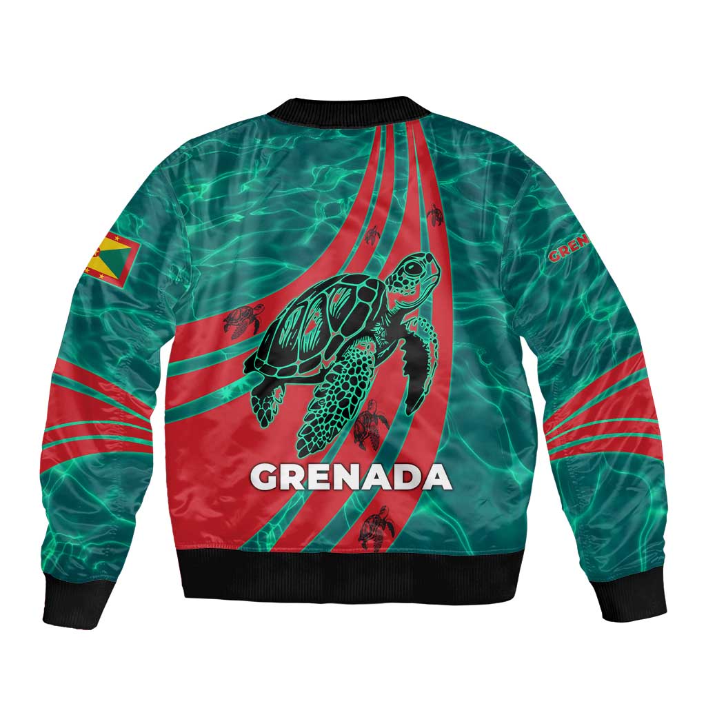 Grenada Sea Turtle Sleeve Zip Bomber Jacket with Red Wave Stripes and Ocean Water Background - Wonder Print Shop
