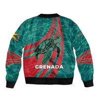 Grenada Sea Turtle Sleeve Zip Bomber Jacket with Red Wave Stripes and Ocean Water Background - Wonder Print Shop