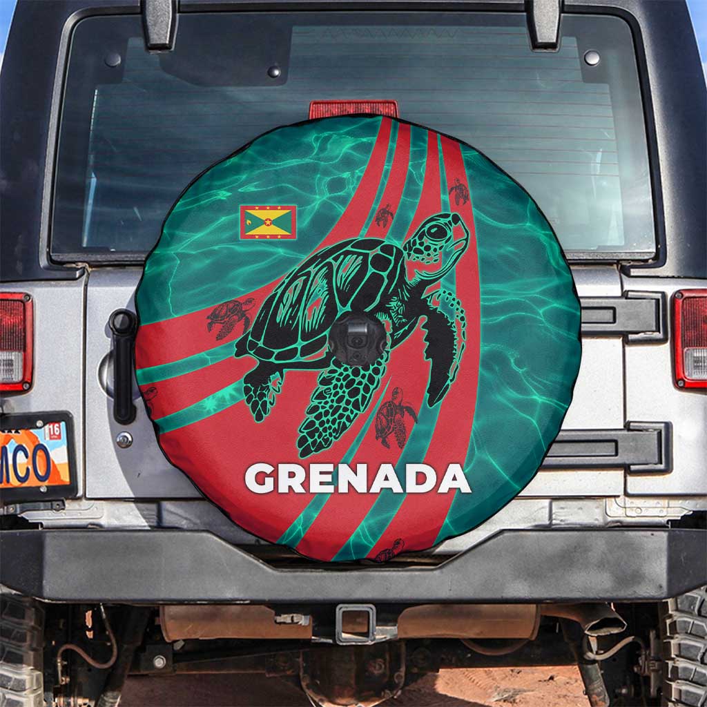 Grenada Sea Turtle Spare Tire Cover with Red Wave Stripes and Ocean Water Background - Wonder Print Shop