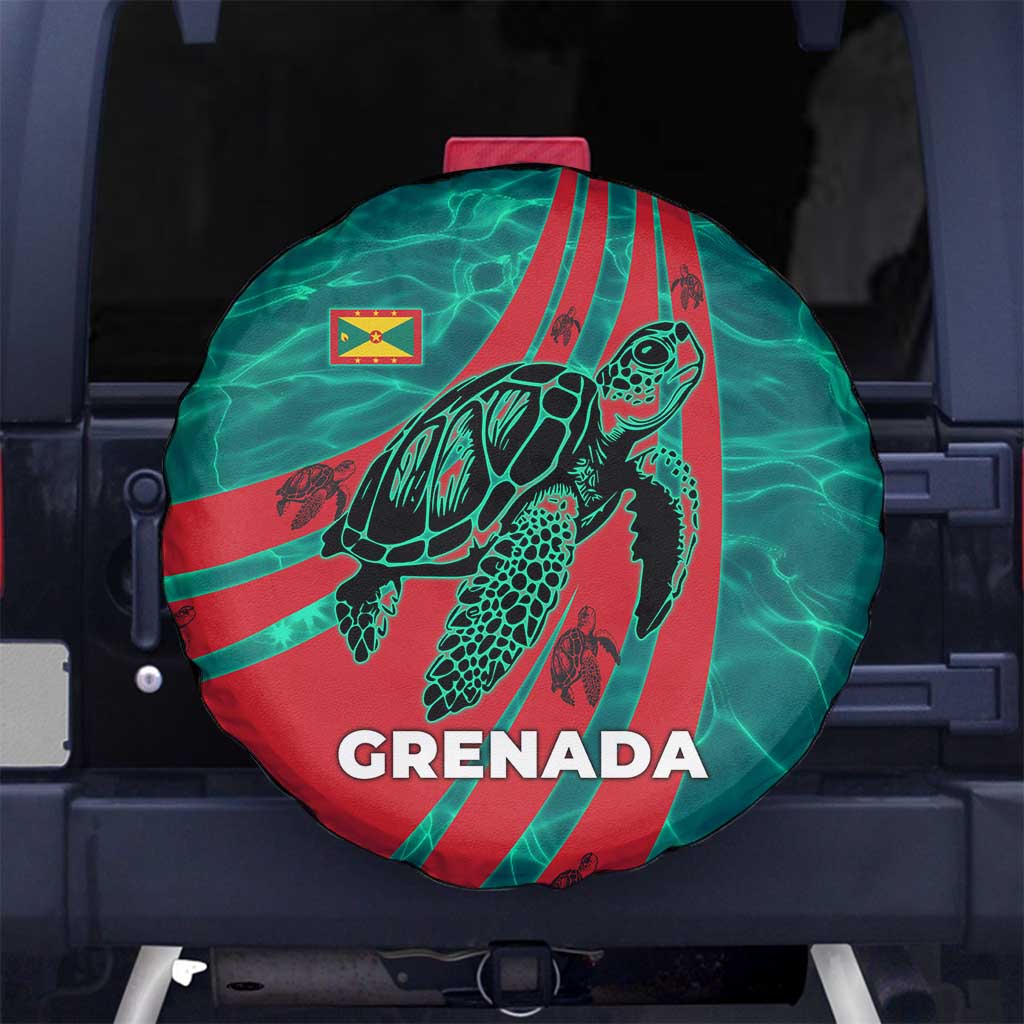 Grenada Sea Turtle Spare Tire Cover with Red Wave Stripes and Ocean Water Background - Wonder Print Shop