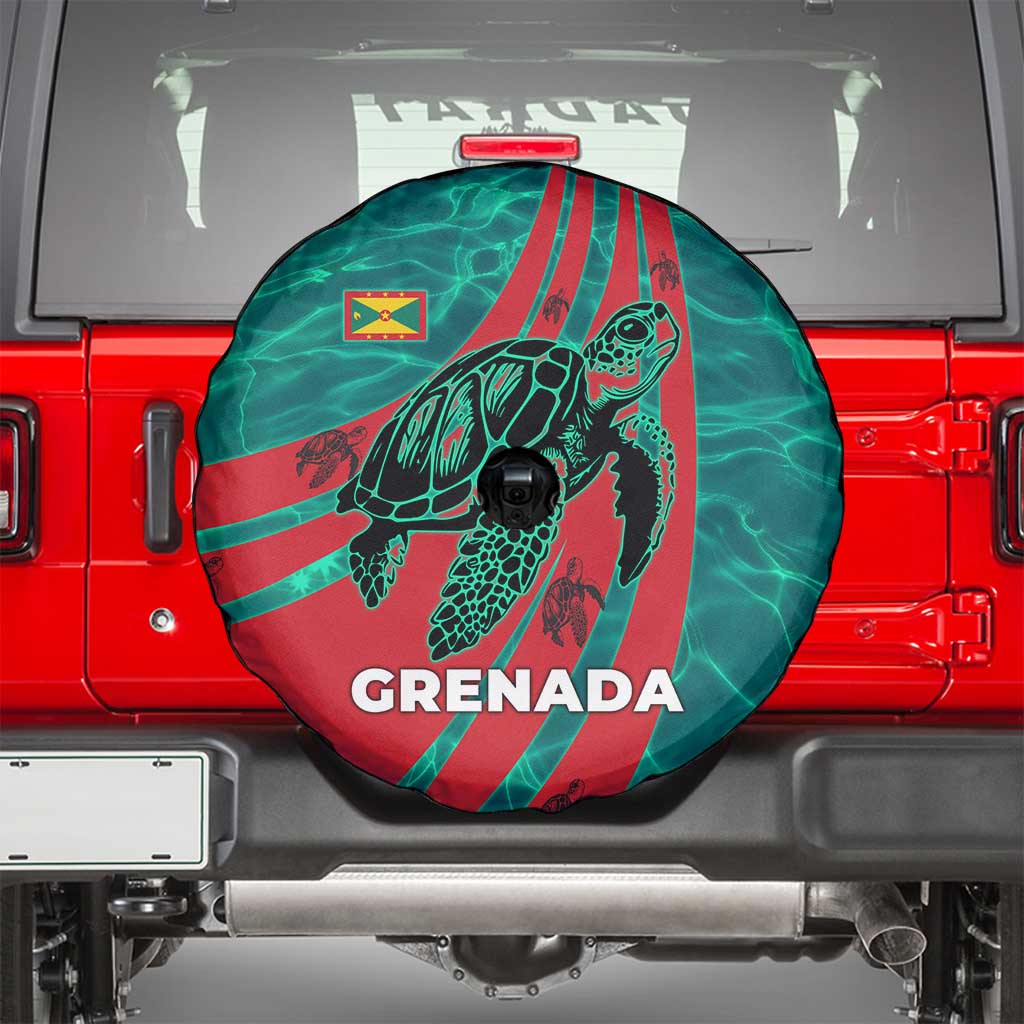 Grenada Sea Turtle Spare Tire Cover with Red Wave Stripes and Ocean Water Background - Wonder Print Shop