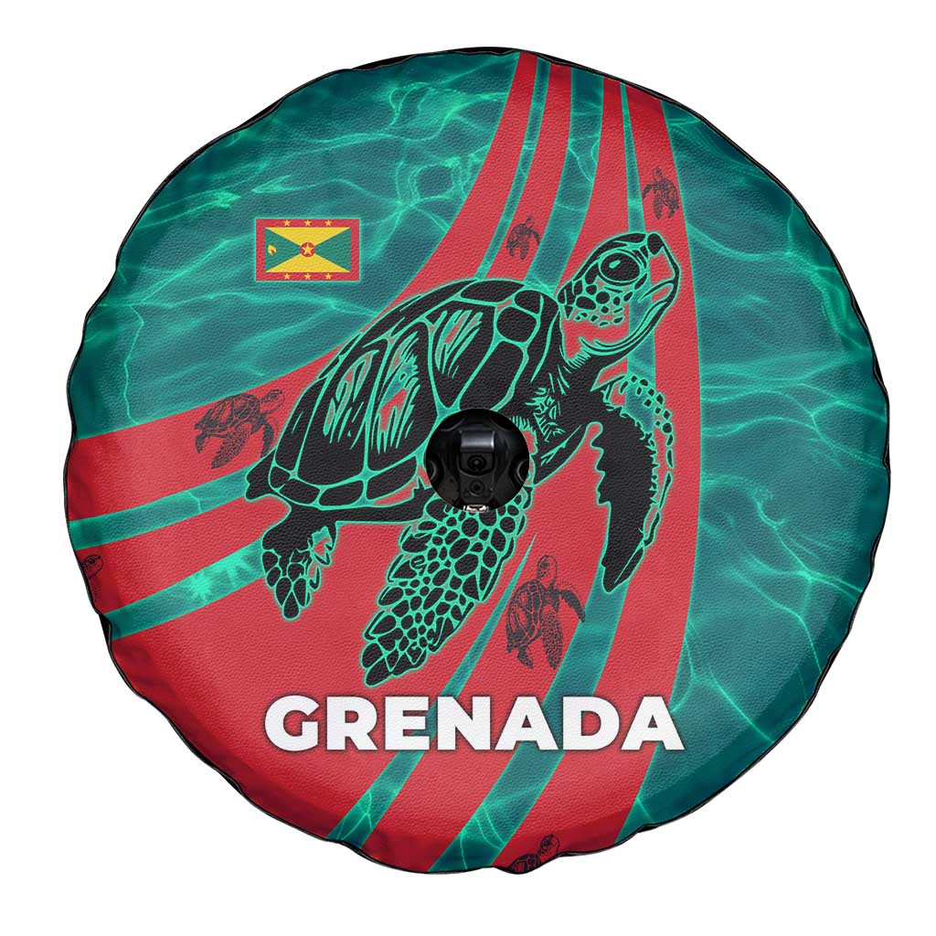 Grenada Sea Turtle Spare Tire Cover with Red Wave Stripes and Ocean Water Background - Wonder Print Shop