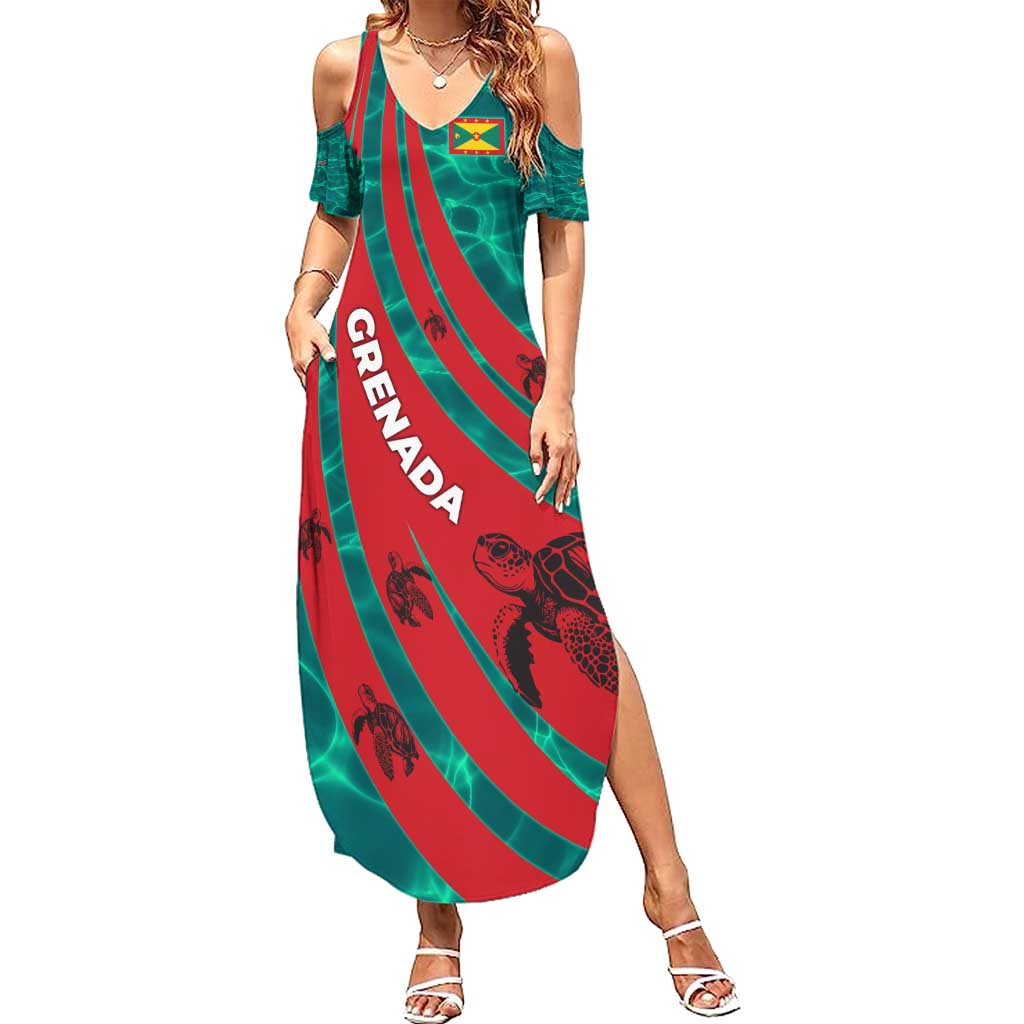 Grenada Sea Turtle Summer Maxi Dress with Red Wave Stripes and Ocean Water Background - Wonder Print Shop