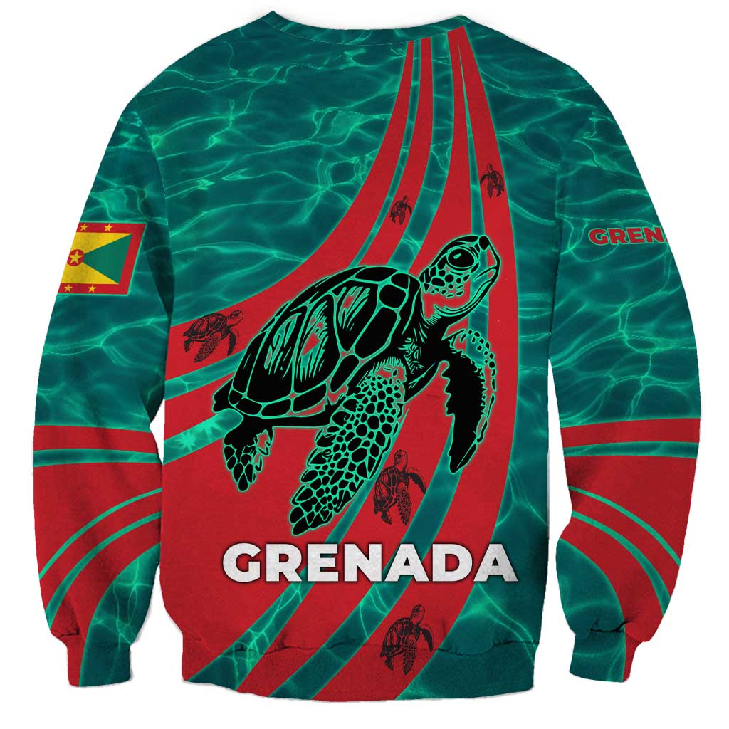 Grenada Sea Turtle Sweatshirt with Red Wave Stripes and Ocean Water Background - Wonder Print Shop