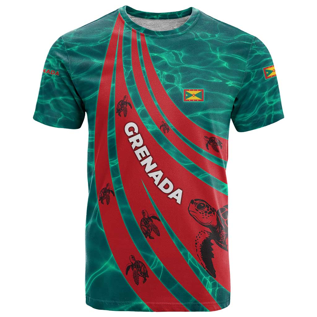 Grenada Sea Turtle T Shirt with Red Wave Stripes and Ocean Water Background - Wonder Print Shop