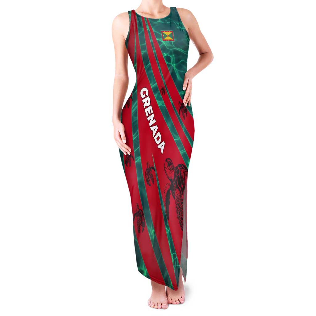 Grenada Sea Turtle Tank Maxi Dress with Red Wave Stripes and Ocean Water Background - Wonder Print Shop