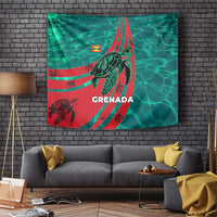 Grenada Sea Turtle Tapestry with Red Wave Stripes and Ocean Water Background - Wonder Print Shop
