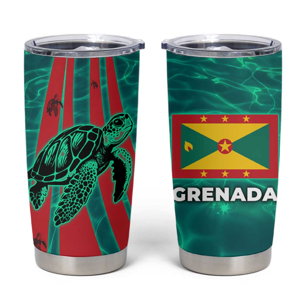 Grenada Sea Turtle Tumbler Cup with Red Wave Stripes and Ocean Water Background - Wonder Print Shop
