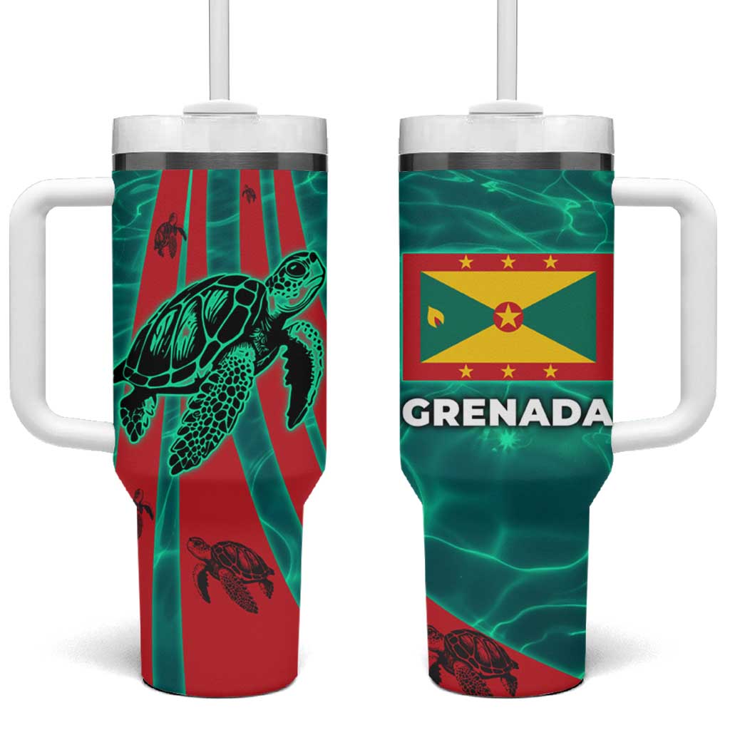 Grenada Sea Turtle Tumbler With Handle with Red Wave Stripes and Ocean Water Background - Wonder Print Shop