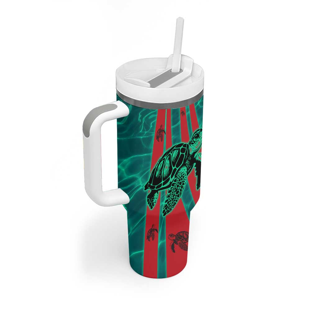 Grenada Sea Turtle Tumbler With Handle with Red Wave Stripes and Ocean Water Background - Wonder Print Shop